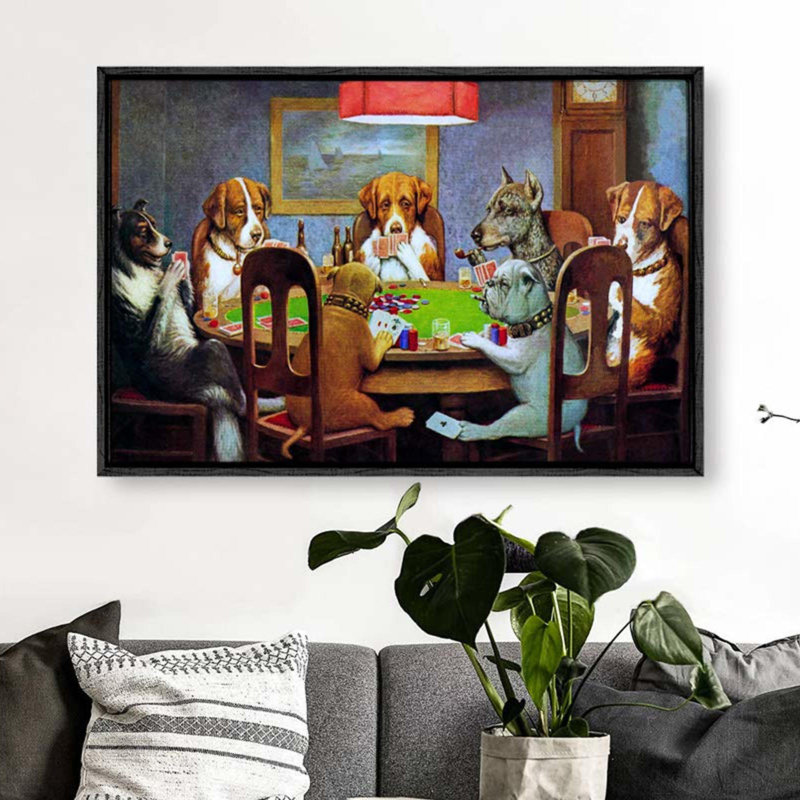 Chiens jouant au poker - Cadre flottant, reproduction d'art sur toile, Noir, H 24 po x l 36 po x P 2 po