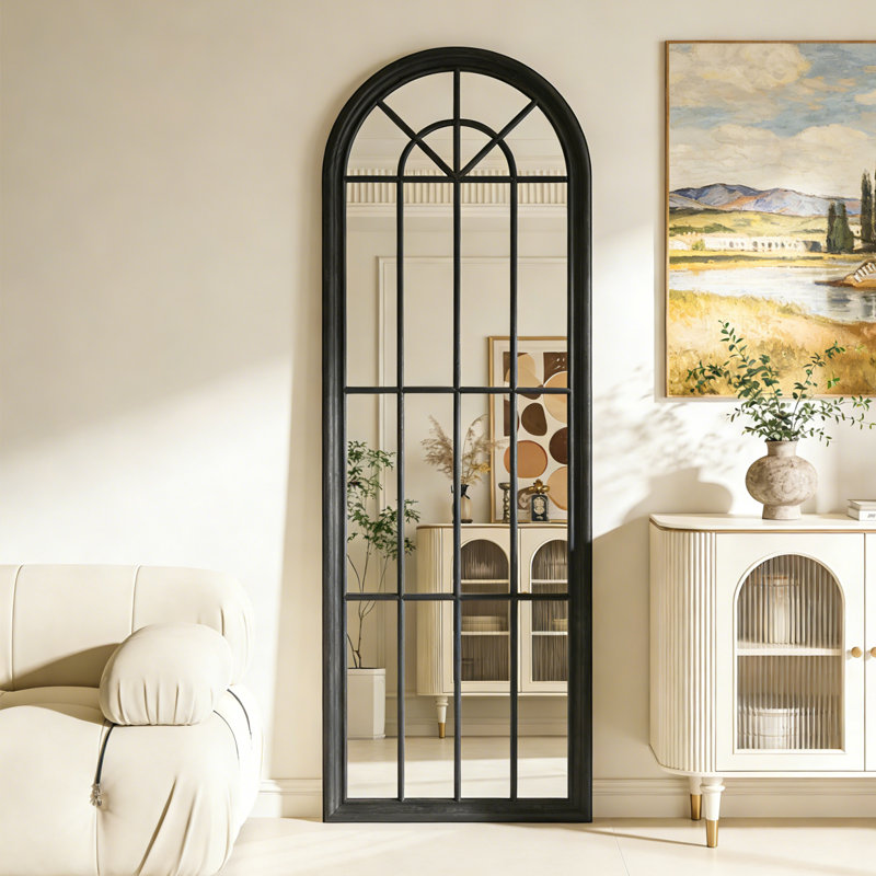Grand miroir mural pleine longueur arqué avec cadre en bois massif, 70 po x 24 po, Noir