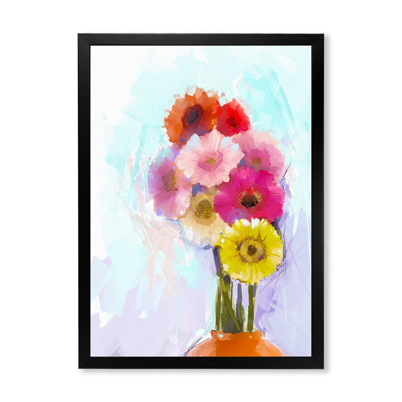 «Paintbrush Gerbera Flower Impression» - Art mural sur toile traditionnel, Cadre photo noir, L 12 po x H 20 po x P 1 po
