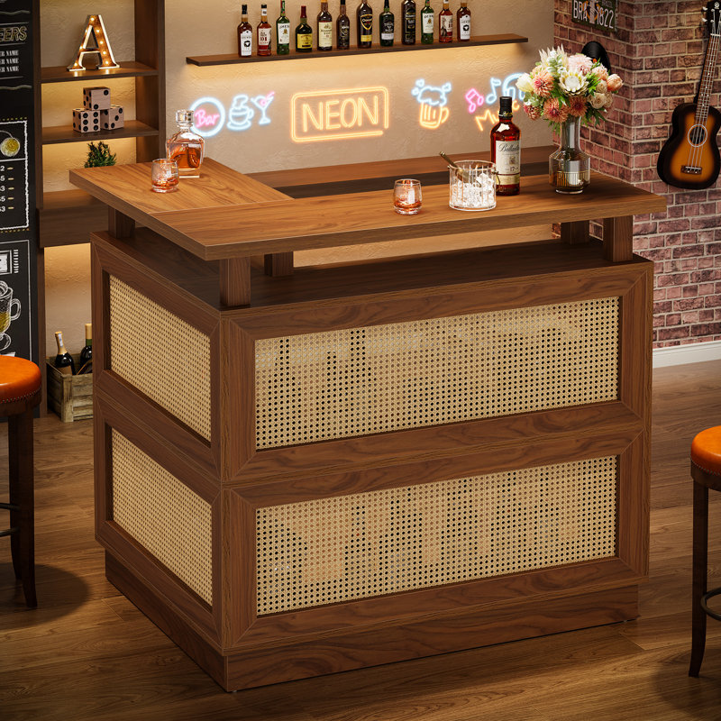 Rattan L Shaped Bar Table With 4-tier Storage Shelf, Home Bar Unit With 2 Stemware Racks And Heightened Base For Home/kitchen/pub, Brown