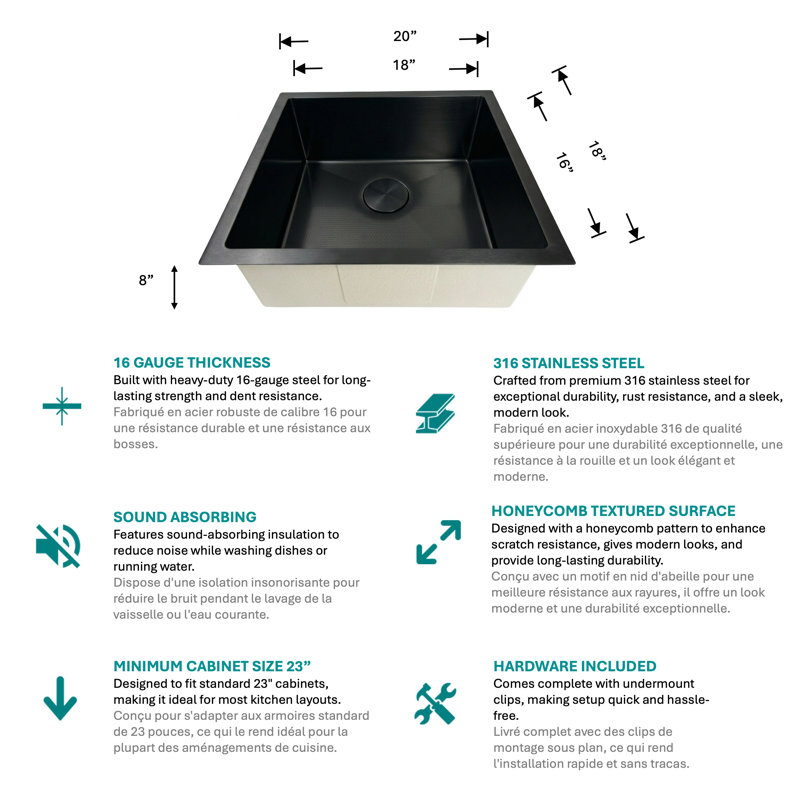 Évier de cuisine noir en nid d'abeille texturé noir 20 po - Bol simple - Acier inoxydable 316 avec calibre 16