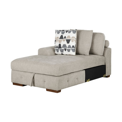 Chaise longue moderne taupe orientée vers la gauche avec rangement caché, revêtement en chenille touffeté et structure en bois massif