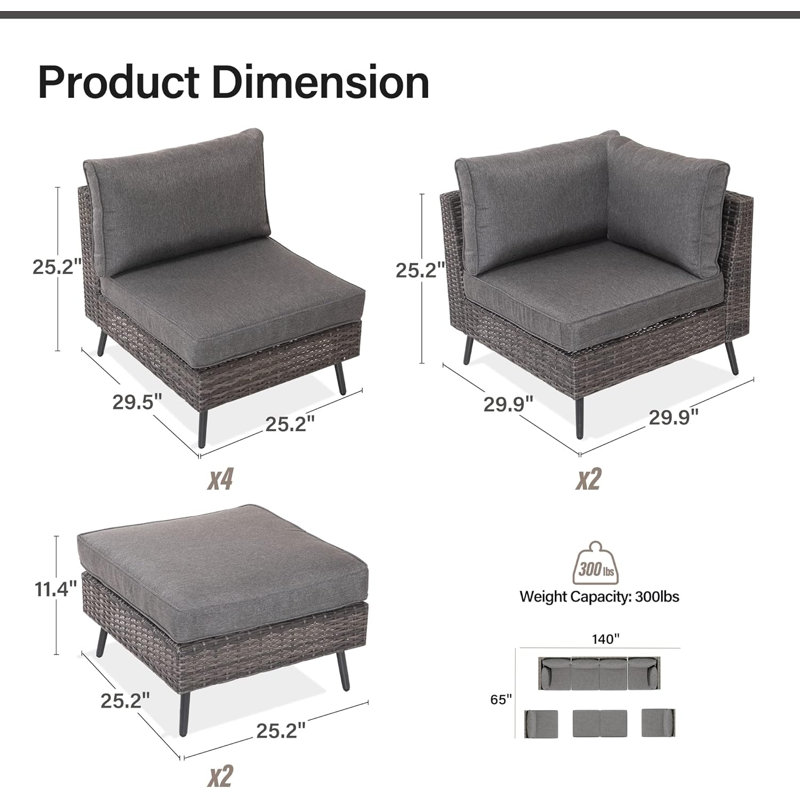 8Pcs /Sets Outdoor Sectional Sofa Rattan Patio Conversation , All Weather Patio Furniture Set With Thick Cushions(Grey)