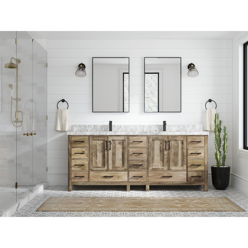 Malibu 84'' Natural Mango Wood Double Bathroom Vanity with Carrara Marble Top
