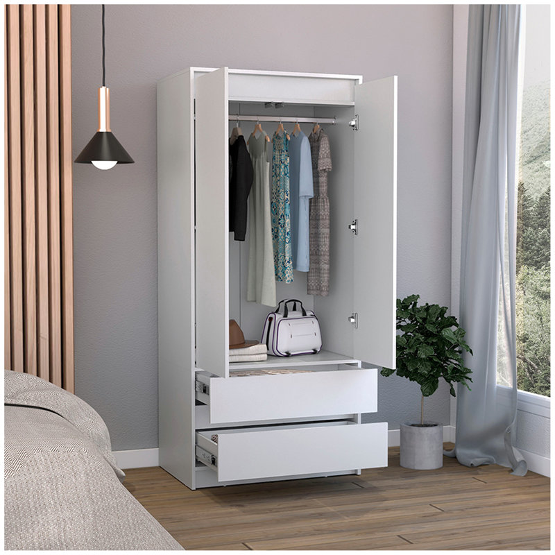 Armoire 2 tiroirs Austin, porte double, tringle, Blanc