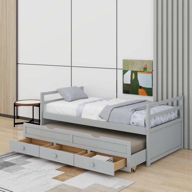 Twin Size Bed With Headboard, Footboard, Trundle And Three Storage Drawers, Gray