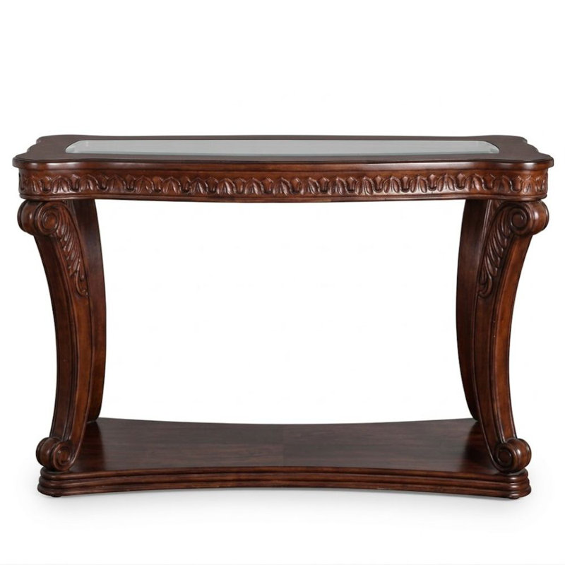 Zosia 48 In. Dark Oak Rectangular Glass Console Table With Scroll Legs And Shelf