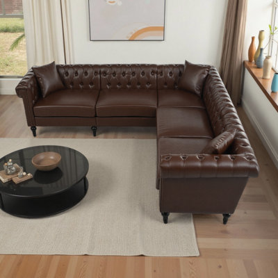 Canapé modulaire en L avec design réversible - Canapé en cuir de polyuréthane de style Chesterfield à 5 places avec accoudoirs roulés et garniture cloutée, canapé nuage moderne pour le salon (capacité de 1 100 lb)