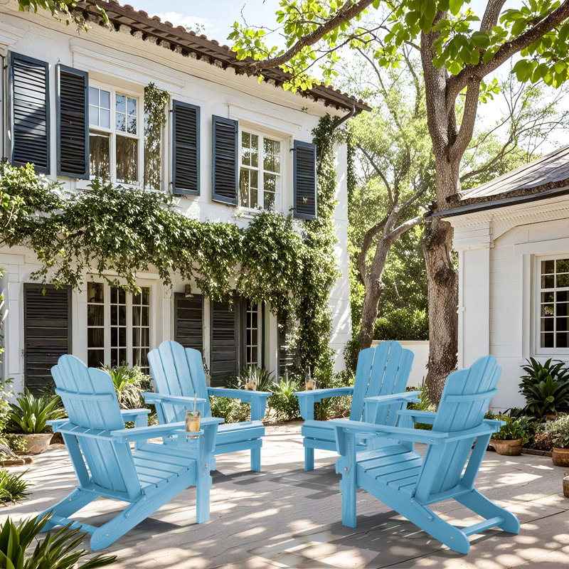 Chaise Adirondack pliante Ayanda en PEHD avec porte-gobelet double (ensemble de 4), Bleu