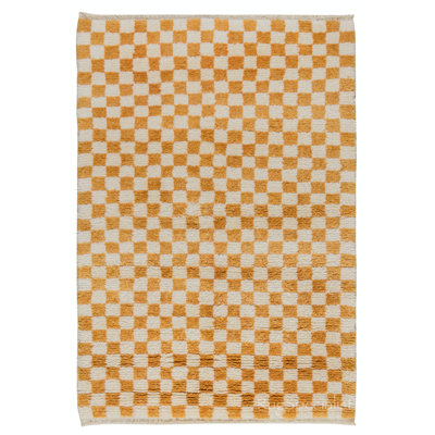 Tapis à carreaux fait à la main en beige et orange, 100% laine douce et confortable