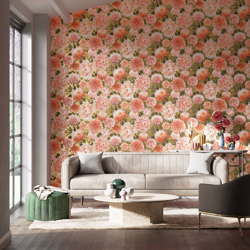 Dahlia 10.05m x 68.6cm Wallpaper Roll, Coral/Fig Leaf/Gilver