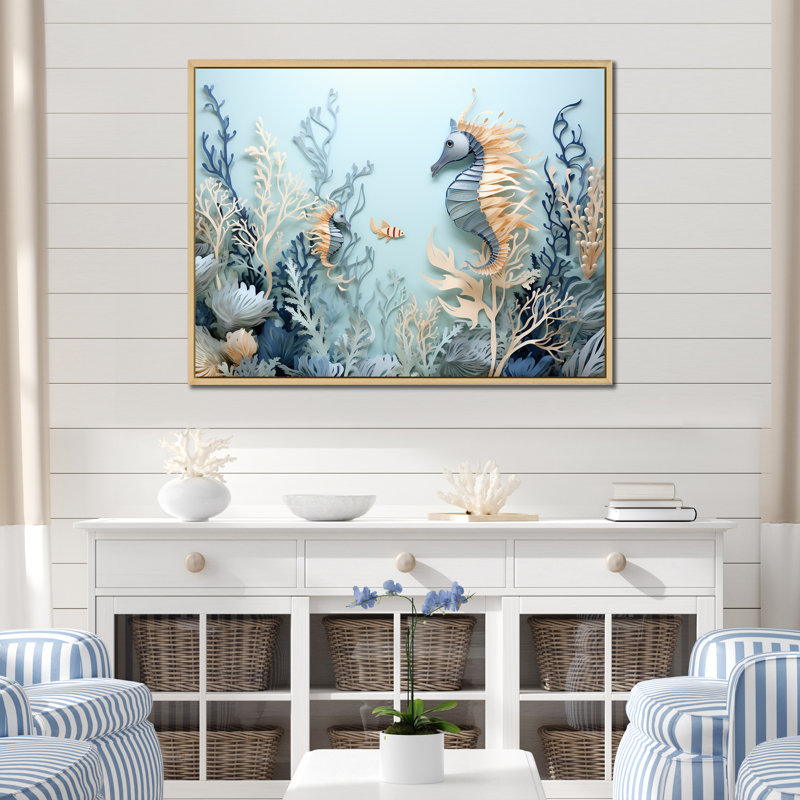 Collage dansant bleu et blanc avec des dragons de mer - Décoration murale plage et océan, H 34 po x l 44 po x P 1,5 po