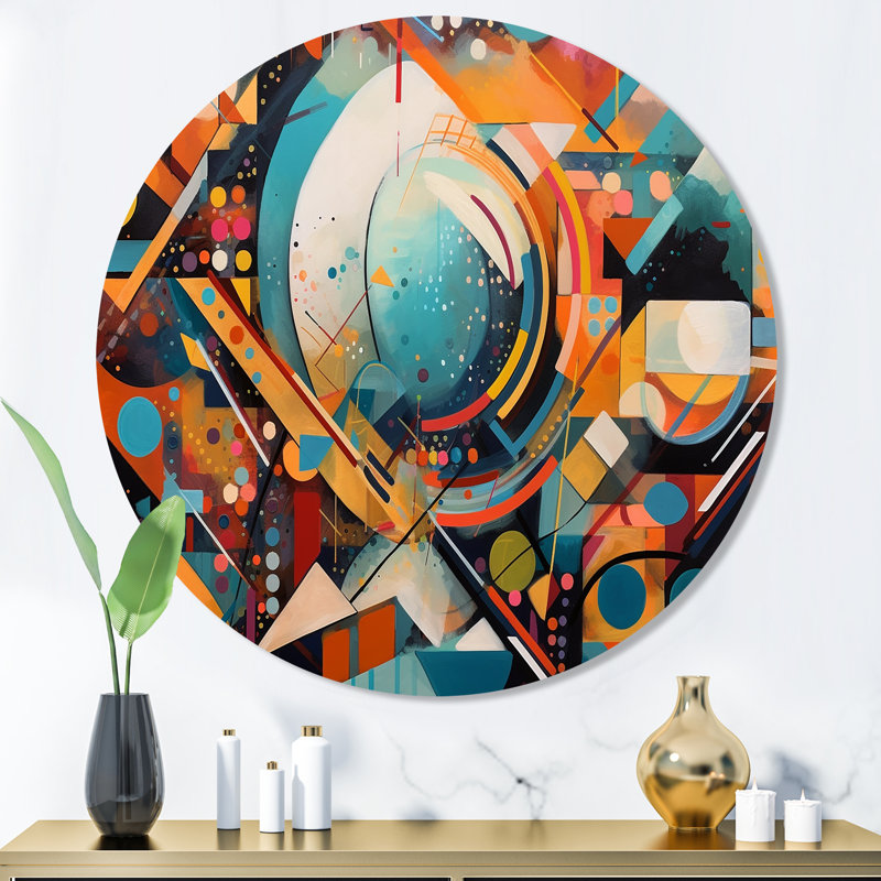 Orange et bleu, vibrations géométriques IV - art mural rond abstrait géométrique sur métal, H 36 po x l 36 po x P 1 po