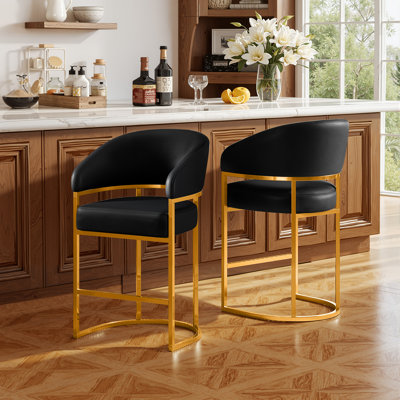 26" Counter Height Bar Stools,Black PU Leather Gold Metal Base