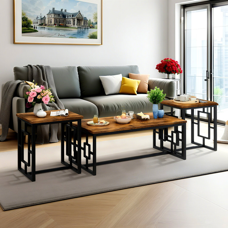 Coffee Table Set Of 3, Vintage Wood Coffee Table With 2 Square End Tables, Modern Industrial 3-Piece Living Room Table Set With Metal Frame For Apartment, Home, Office