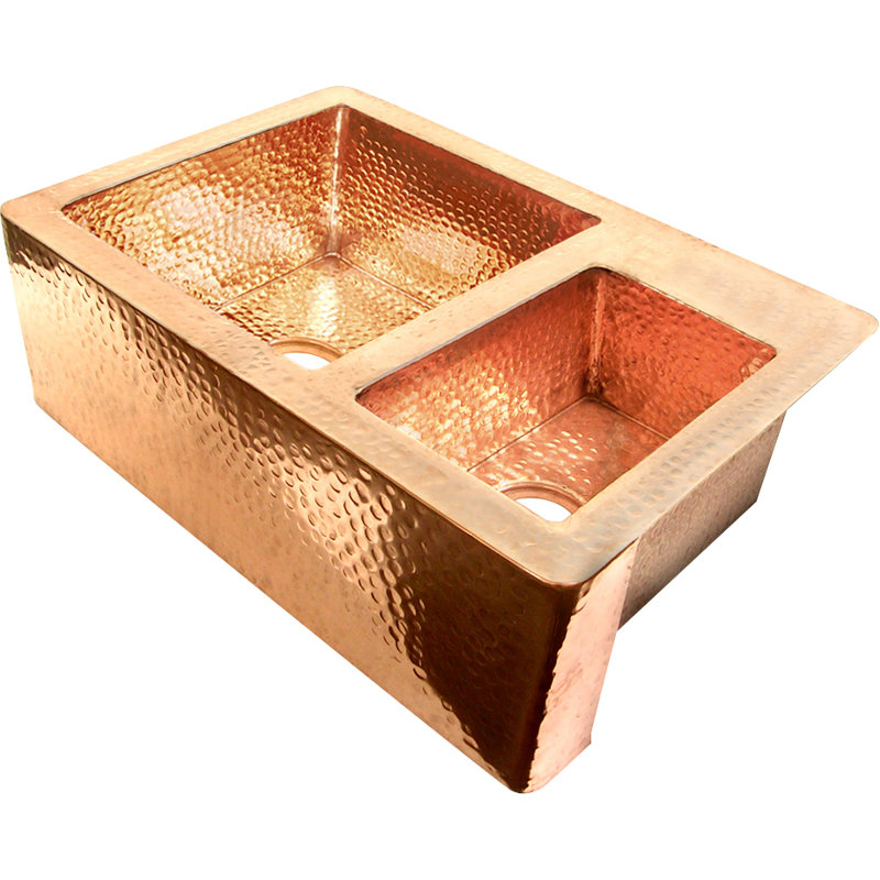36'' L Double Bowl Copper Kitchen Sink, Shiny Copper