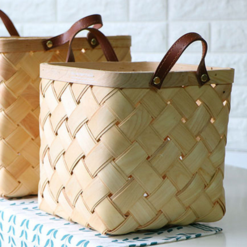 Panier à linge en bois Boîte de rangement de bureau avec poignée Puce de bois Paniers de fleurs Panier de rangement décoratif fait à la main Contenant de cuisine divers 30 * 30 * 24cm