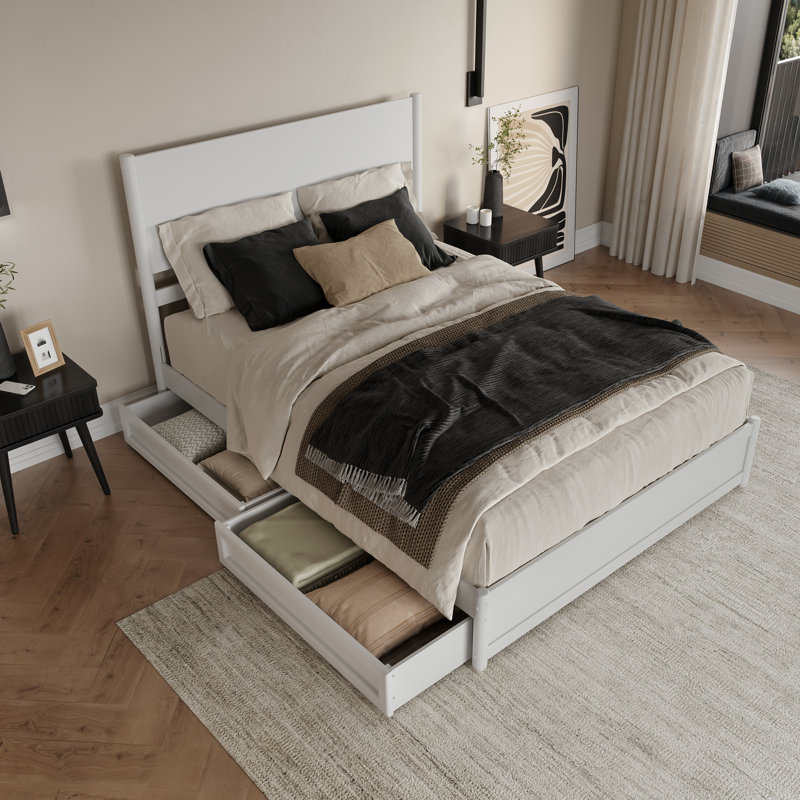 Lit plateforme en bois avec pied de lit et tiroirs de rangement Ronan, Grand lit, Blanc
