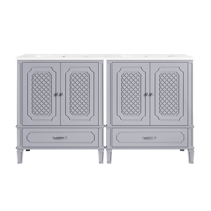Ensemble de meuble-lavabo à double cuve 60 "avec armoires de rangement et tiroirs 60", Gris, Argent argent