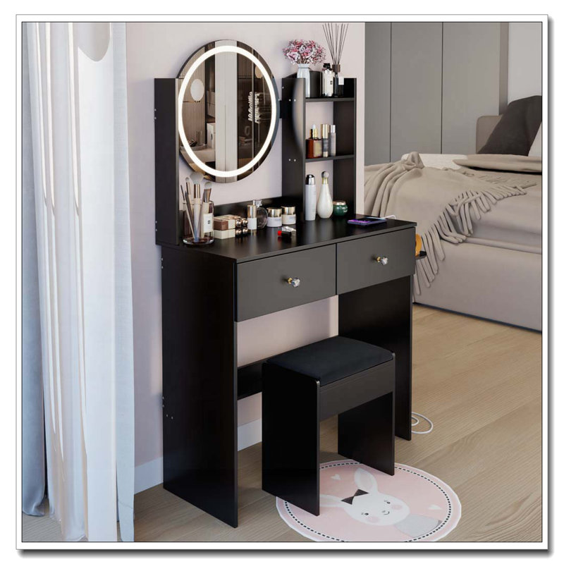 Table de coiffeuse ronde à miroir DEL avec tabouret rembourré, 2 prises CA + 2 prises USB, grand miroir, interrupteur tactile, 3 couleurs d'éclairage, luminosité réglable