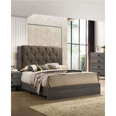 Lit EK Avantika en tissu et finition chêne gris rustique (lit seulement)
