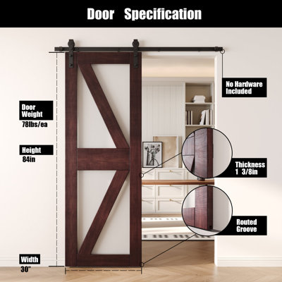 30x84 Red Mahogany Color Arrow Pattern Glass Design Finished Unassembled Solid Wood Sliding Barn Door Only