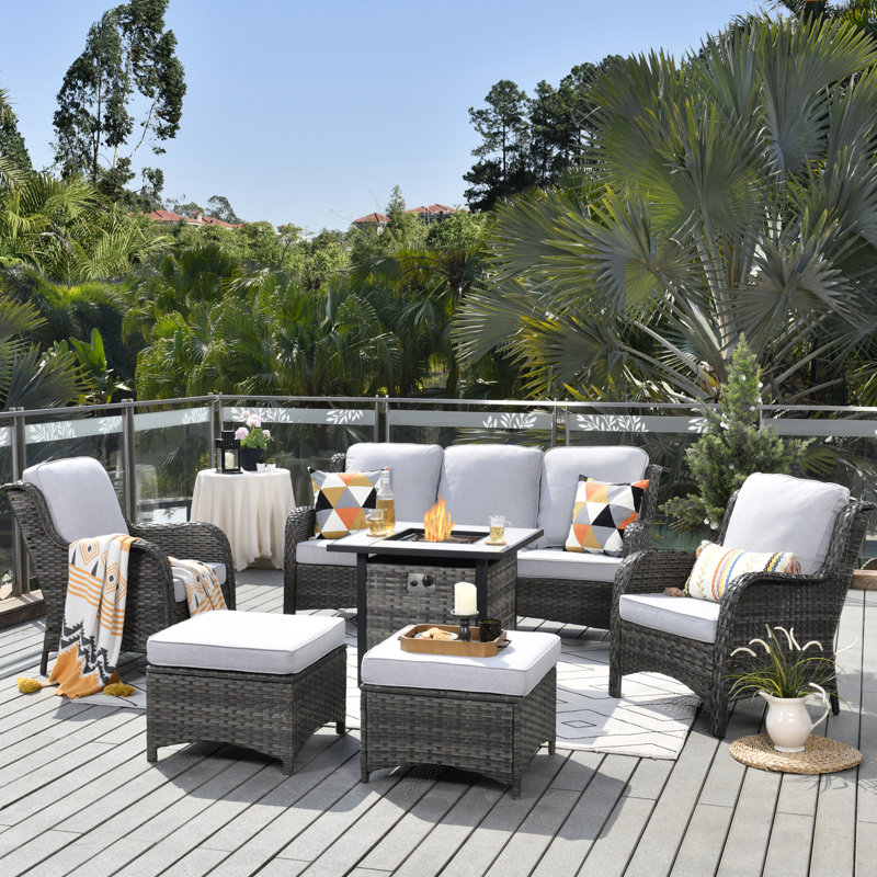 Klodjana Premium All-Weather Wicker 5 - Person Patio Conversation Set with Cushions, Gray, Gray