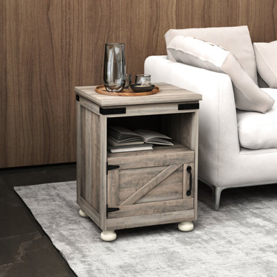 Table d'appoint grise avec rangement. Table de bout de salon. Tablette ouverte et espace de rangement abondant. Pieds modernes en bois. Stable et fonctionnelle. L 17,7 po x P 15,4 po. H 23,6 po. Peut contenir 110 livres de petit rangement, gris.