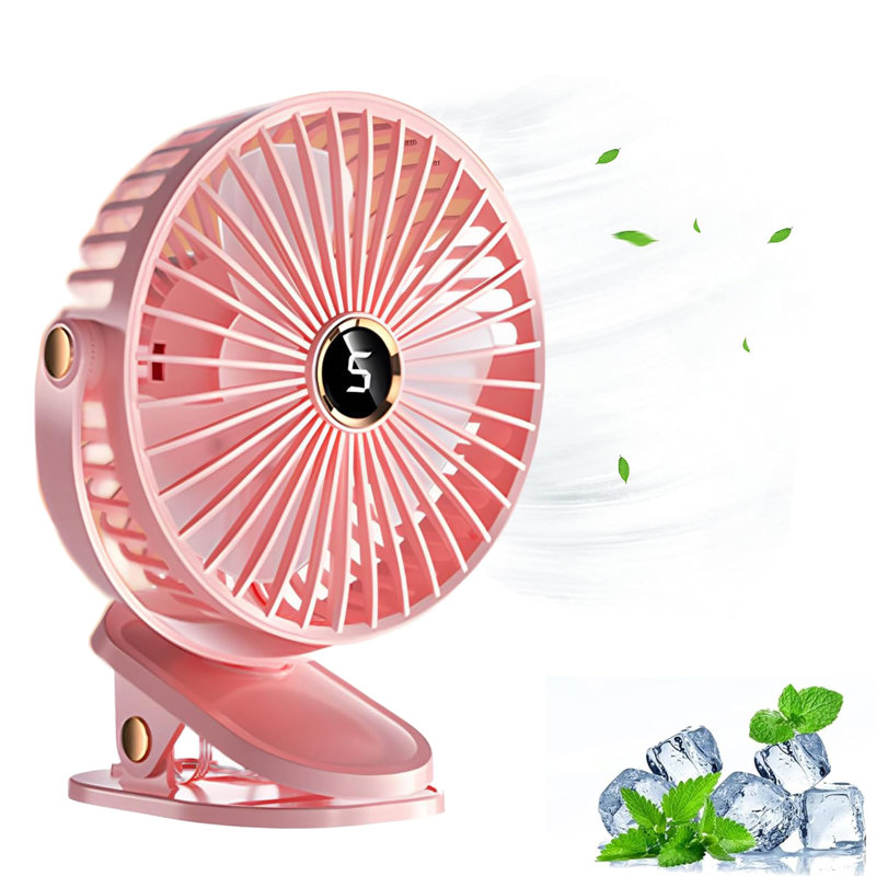 Ventilateur de bureau à pince avec lumières et ventilateur USB portatif à 5 niveaux, Rose