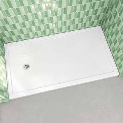 Receveur de douche en acrylique à seuil unique de 183 cm (72 po) de largeur x 91 cm (36 po) de profondeur, avec bonde à gauche, renforcé de fibre de verre, blanc brillant, avec bride de carrelage intégrée sur 3 côtés pour installation en niche sur 3 murs