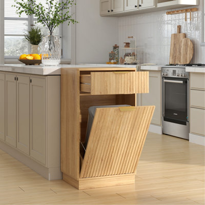Armoire poubelle inclinable 10 gallons avec tiroir à texture ondulée et organisateur de poubelle coulissant, chêne