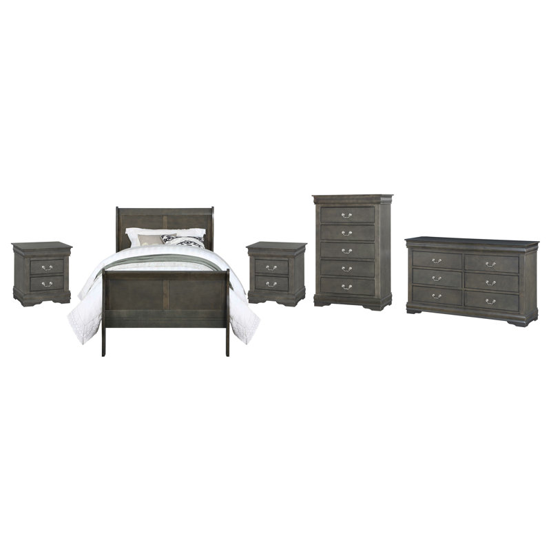 Ensemble de chambre à coucher Engstrom, Gris foncé, Double, 5 pièces : lit, commode, miroir, table de chevet
