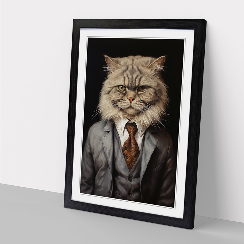Persian Cat In A Suit Painting No.2 - Single Picture Frame Print on Wood, 34" H x 25" W x 2" D, Black