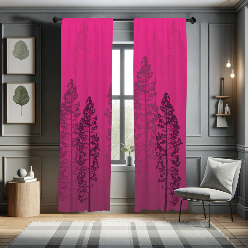 Ebern Designs Country Curtains, Pine Trees Woodland Ombre, Pair of 28", 28" W x 63" L, Hot Pink