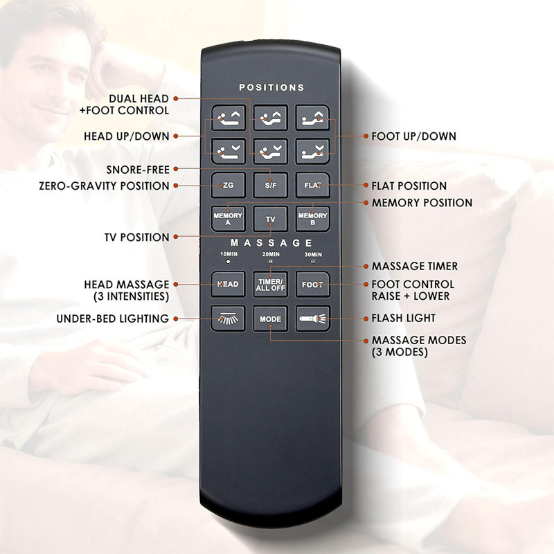 Lit ajustable à massage sans gravité 15 po avec télécommande sans fil Mosley, Simple TG