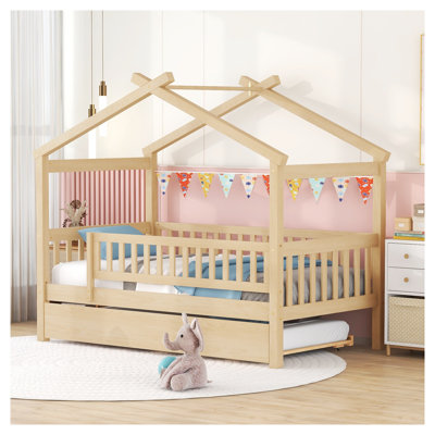 Structure de lit simple en bois massif naturel avec lit gigogne et toit fantaisiste pour chambre d'enfant