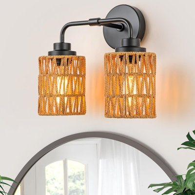 Applique murale rustique à 2 lumières avec abat-jour en rotin tissé à la main pour miroir de salle de bain Rustic Vanity