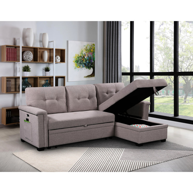 84" Sectional With , Storage Chaise & 3 Seat Capacity Gray Sleeper Reversible Bed