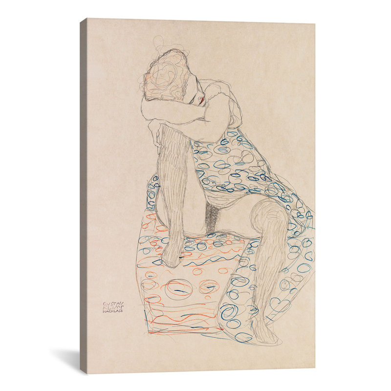 "assis figure avec une jupe regroupée" par gustav klimt,, impression sur toile, H 40 po x l 26 po x P 1,5 po, Toile tendue