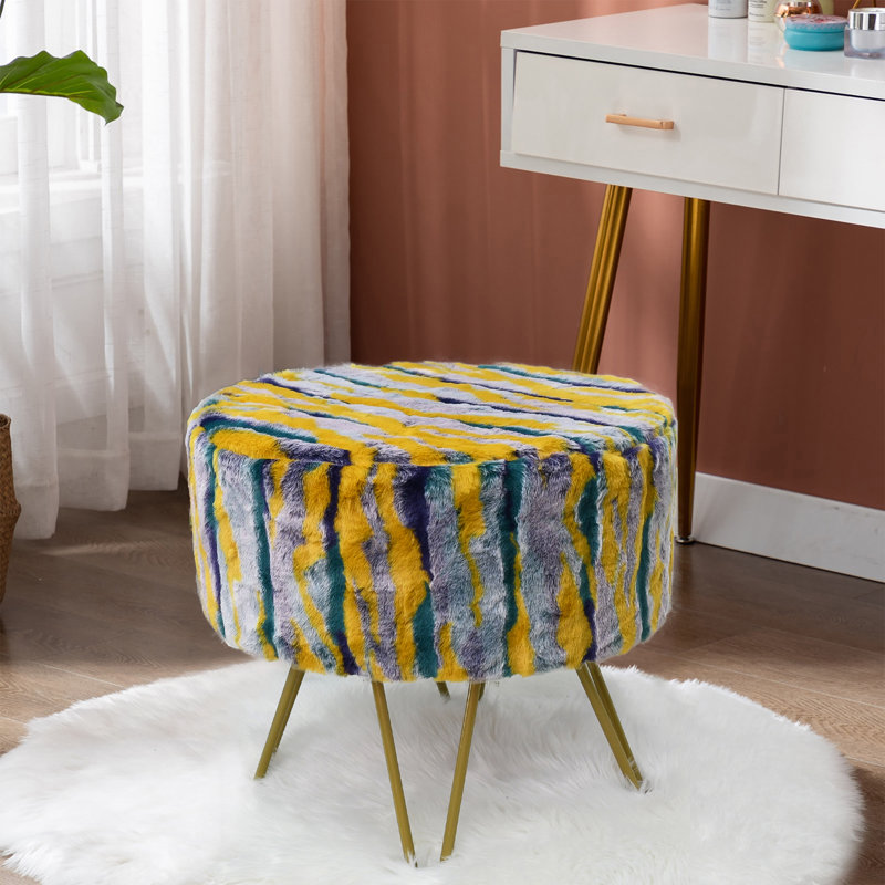 Repose-pieds multi-jacquard rond en fausse fourrure, Fausse fourrure bleu sarcelle