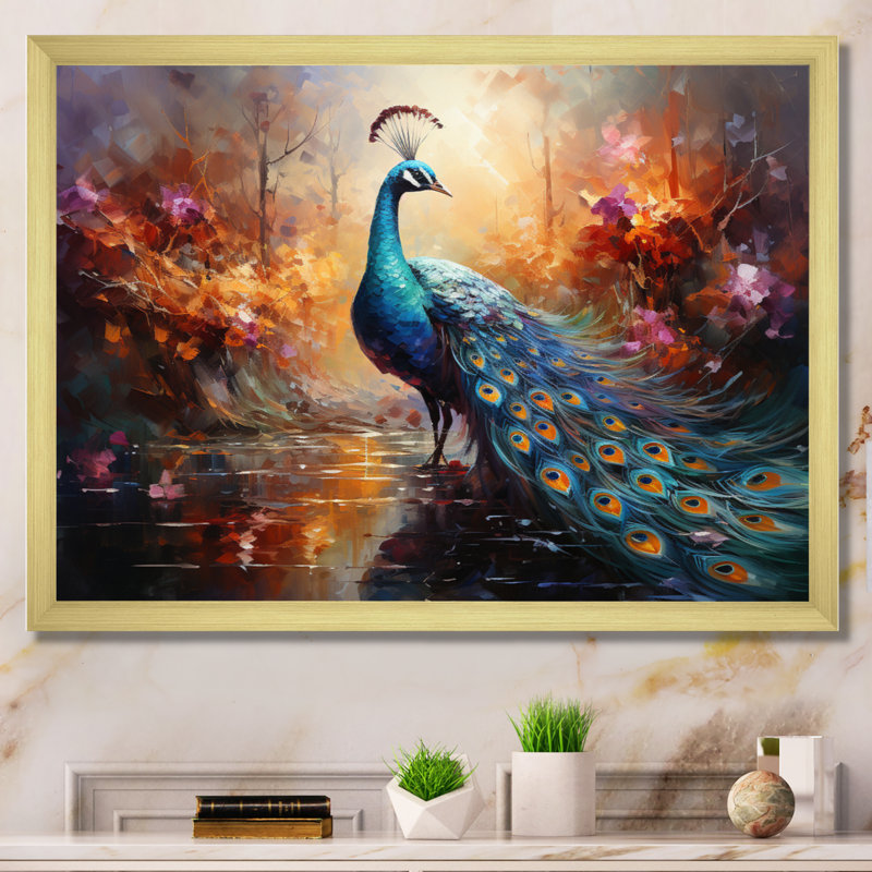 «Peacock Expressionist Portrait II», art mural sur toile paon, Cadre doré simple, H 16 po x l 32 po x P 1 po