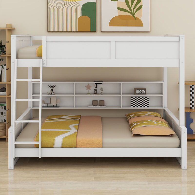Lit superposé avec armoires de rangement et ports USB, Blanc antique