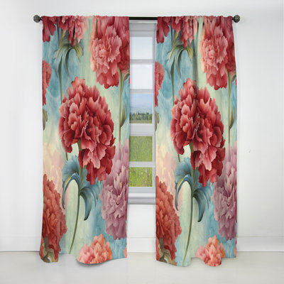 Rouge / bleu sarcelle / œillets - rideau à motif floral - velours occultant - 1 panneau