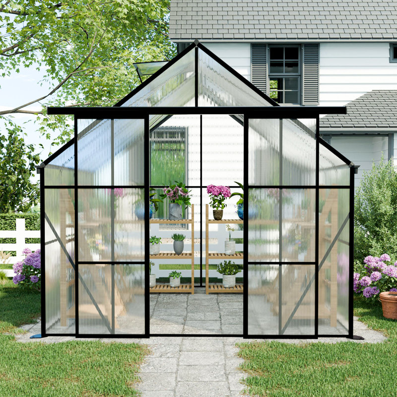 8x8 Polycarbonate Greenhouse With Double Door For Outdoor Backyard Black