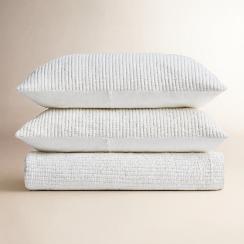 Ribbed Matelassé Cotton Coverlet Set, King Quilt + 2 King Shams, Bright White