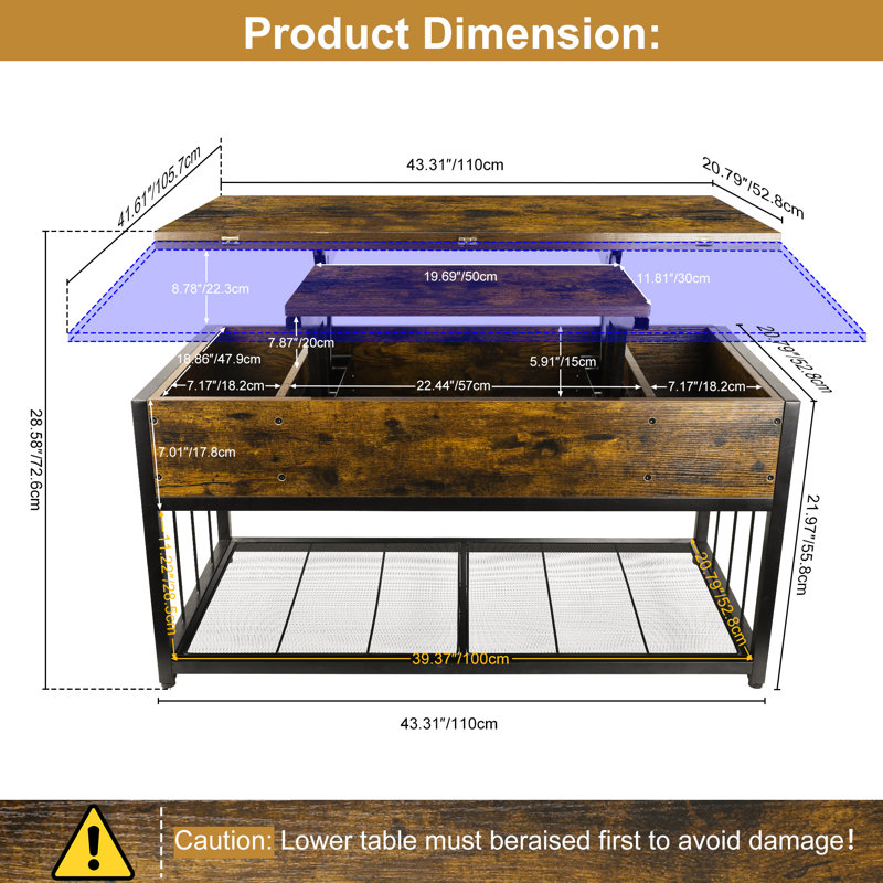 Table basse et cocktail réglable avec trois modes pour vous permettre de basculer entre: bureau multifonctionnel, table de salle à manger pliante, bureau à domicile et bureau d'étude, grand espace de rangement, matériau métallique durable et robuste
