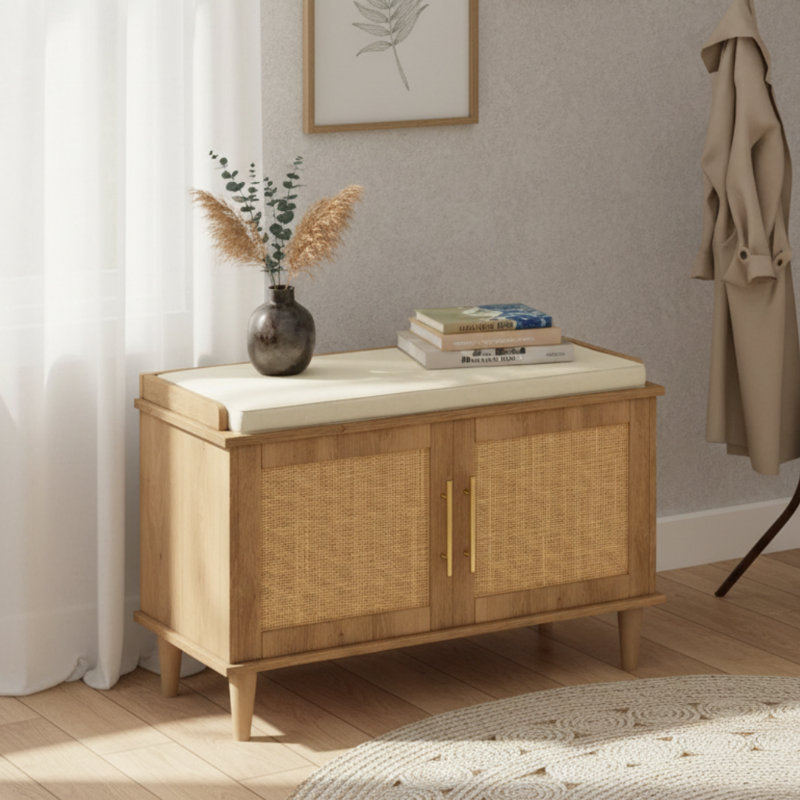 Natural Oak Small Rattan Entry Shoe Bench,Padded,Solid Wood Legs,Double Door,2-Tier Adjustable Shelf