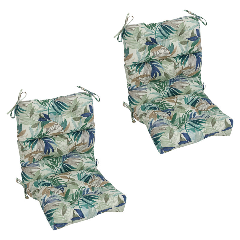 Outdoor Tufted Seat/Back Chair Cushions (Set Of 2), Tan/Green/Oasis Chambray Floral, 20" W x 20" D