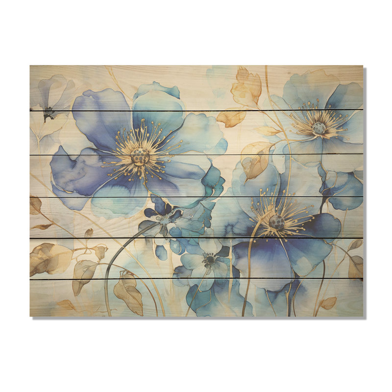 «Blue» and Gold Ororned Violets - Violets, panneau mural en bois sur bois de pin naturel, H 10 po x l 20 po