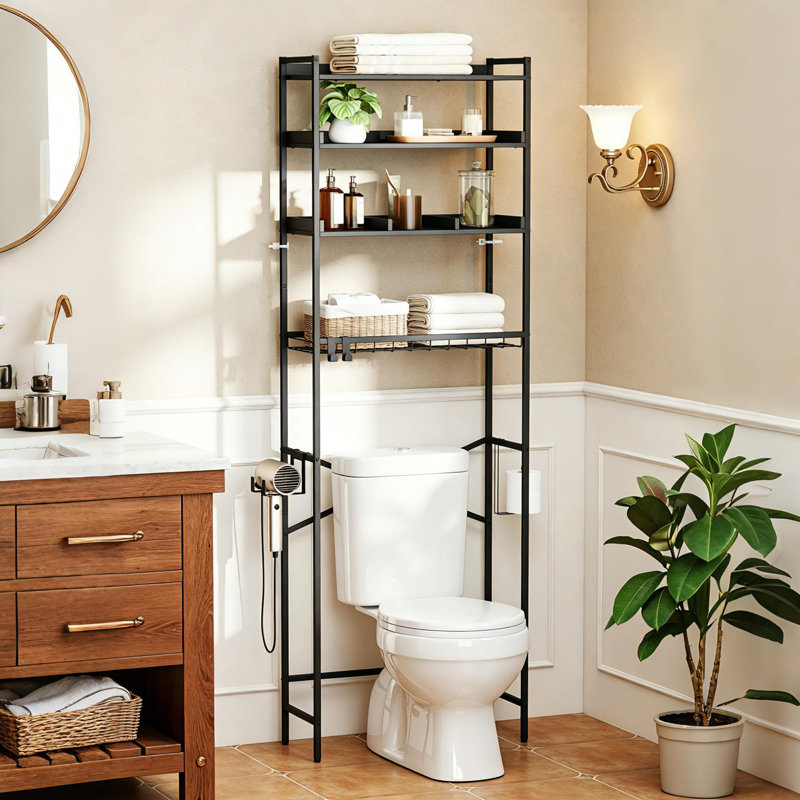 Over-Toilet Storage Rack, Freestanding Bathroom Space Saver Organizer Shelf with Hair Dryer Hanger  for Bathroom, Black